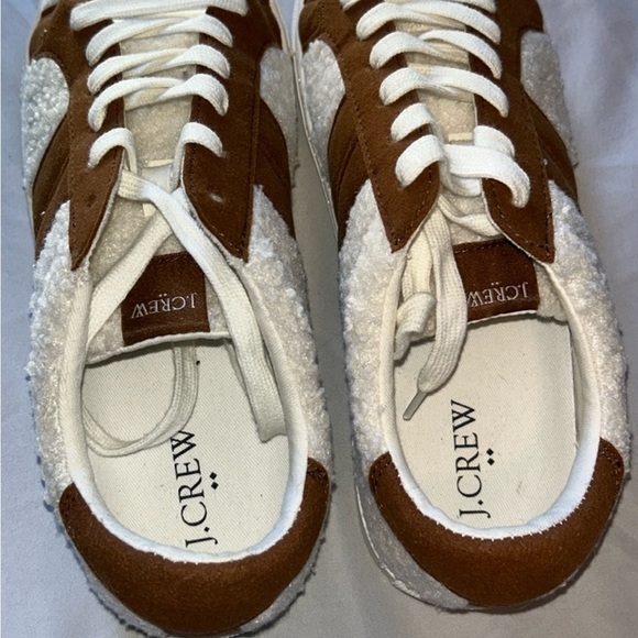 J Crew White Sherpa Brown Striped Suede Road Trip Sneakers Womans Sz 8 - Picture 10 of 15